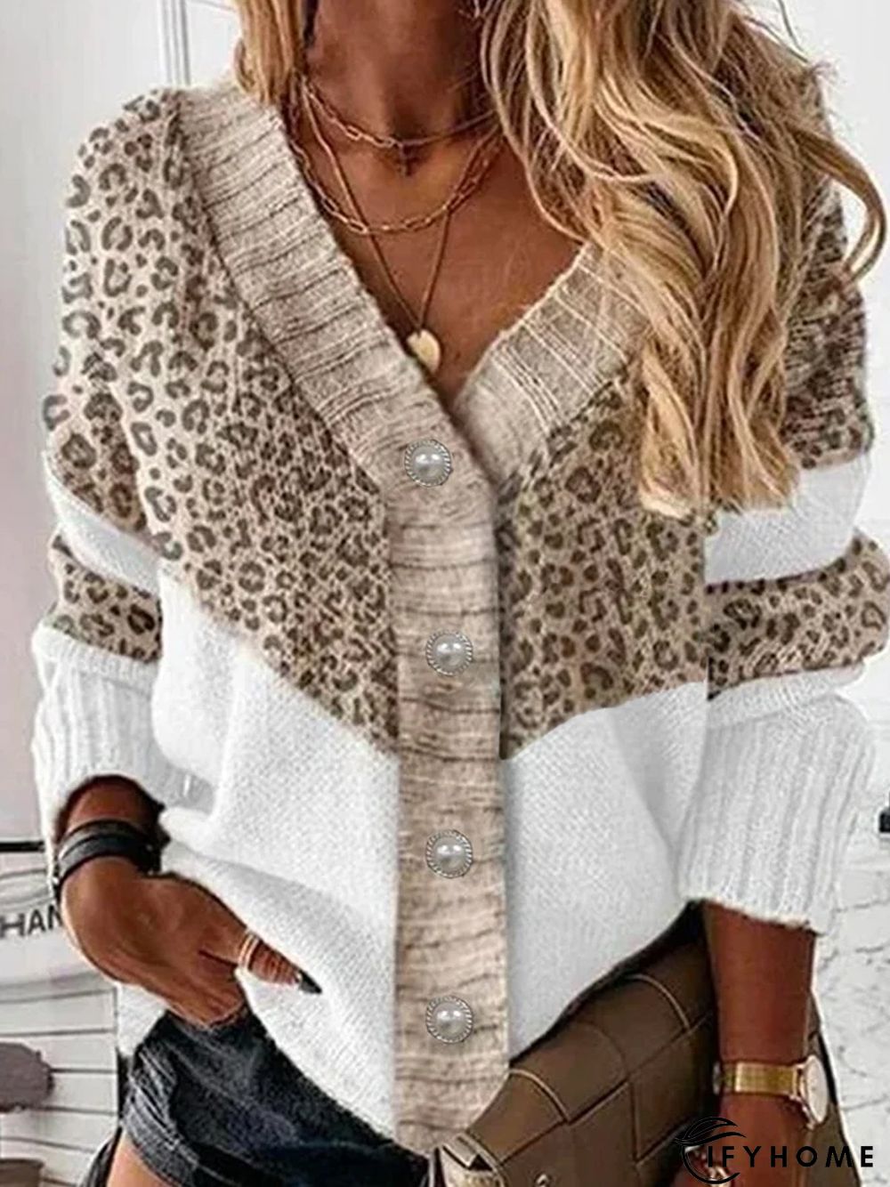 Leopard Cotton-Blend Loose V Neck Sweater | IFYHOME