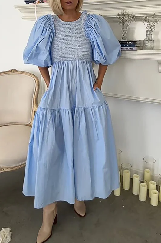 Puff sleeve pleated three-quarter sleeve long dress