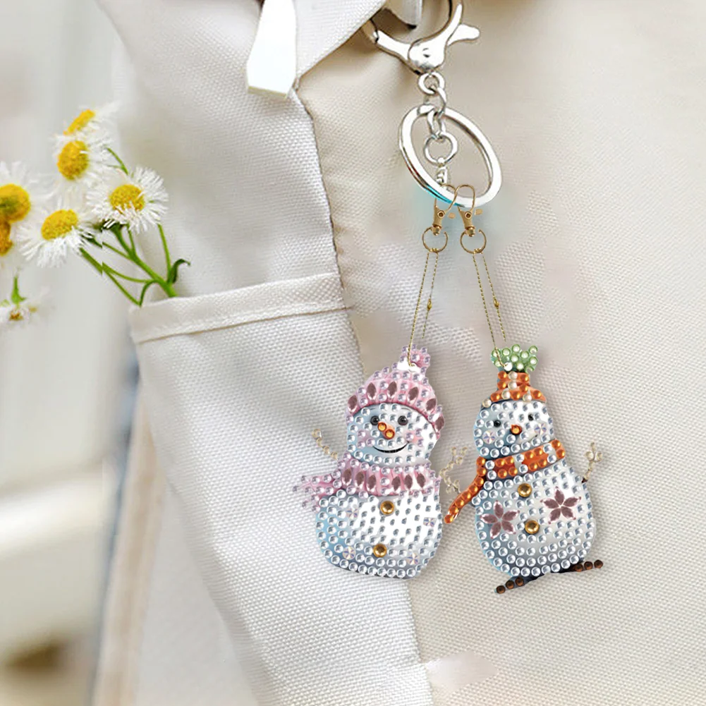 6pcs DIY Snowman Diamond Art Key Rings Double Sided Keychain Supplies Gift for Kids