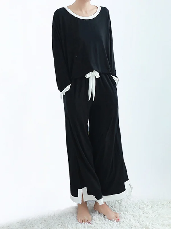 Long Sleeves Loose Contrast Color Round-Neck Two Pieces Pajama Set
