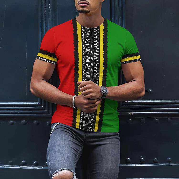 BrosWear Reggae African Ethnic Print Fashion Short Sleeve T-Shirt