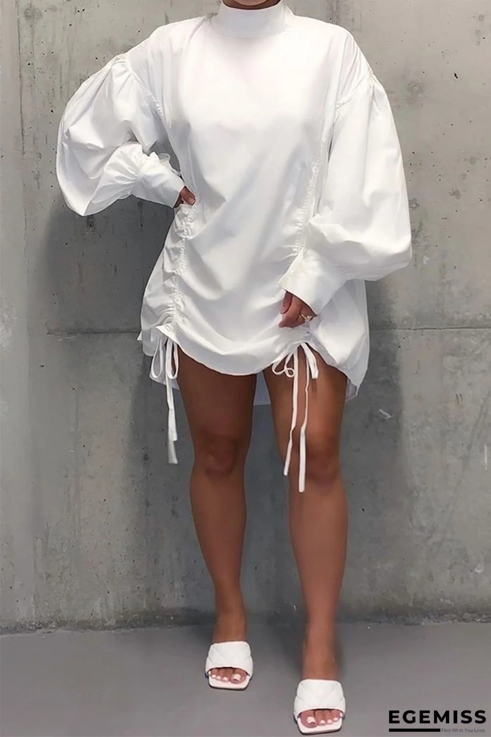 White Fashion Sleeve Long Sleeves O neck Straight skirt bandage Dresses | EGEMISS