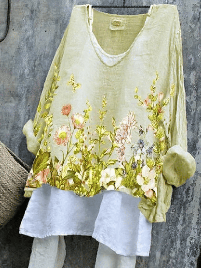 Women's Cotton Hemp Flower Printed Two-piece Shirt Set