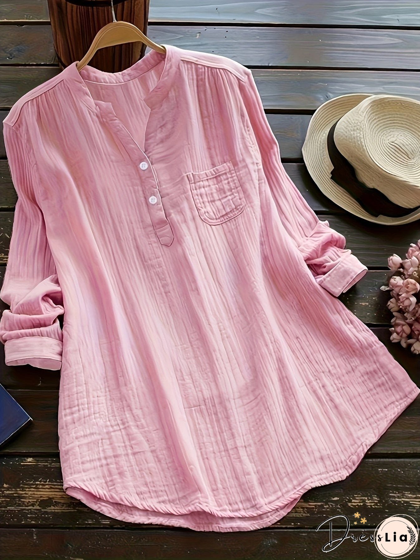 Plus Size Casual Blouse, Women's Plus Solid Long Sleeve Notched Neck Ruched Back Round Hem Slight Stretch Henley Blouse With Pocket