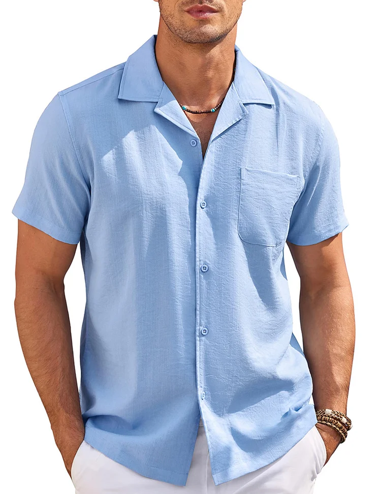 Hawaii Beach Cuban Collar Short Sleeve Pocket Shirt