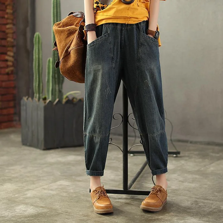 Vintage Loose Elastic Waist Spliced Distressed Jeans