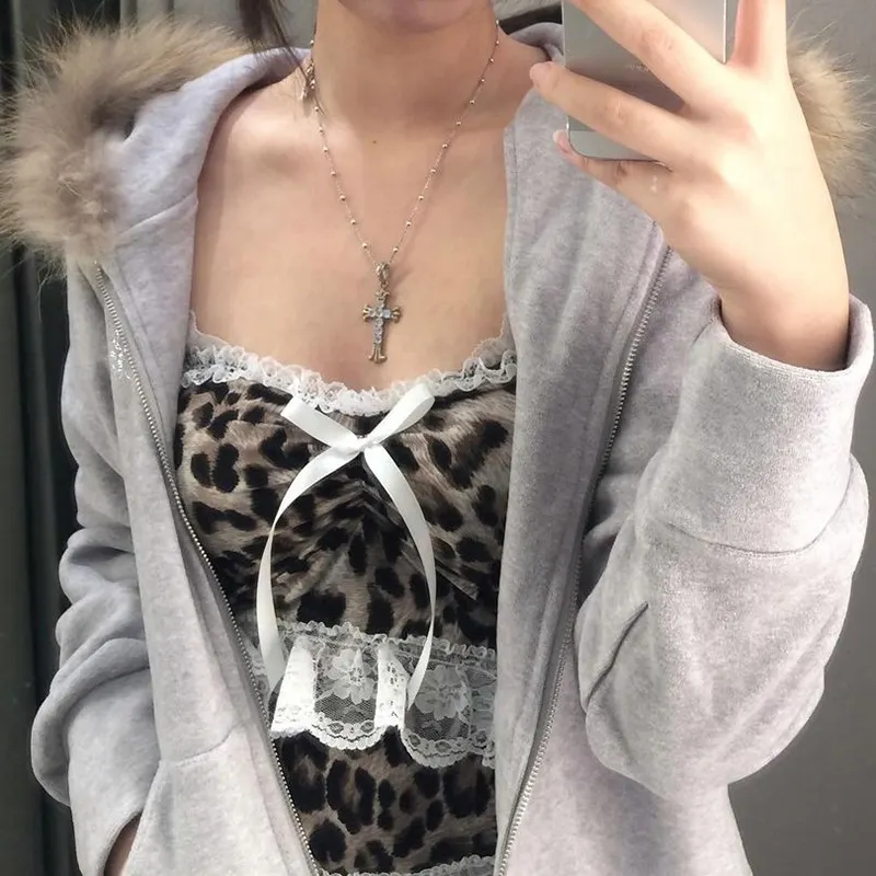 Churchf Churchf Girl Sexy Lace Lace Sling Small Vest Female 2024 Summer Leopard Print New Top