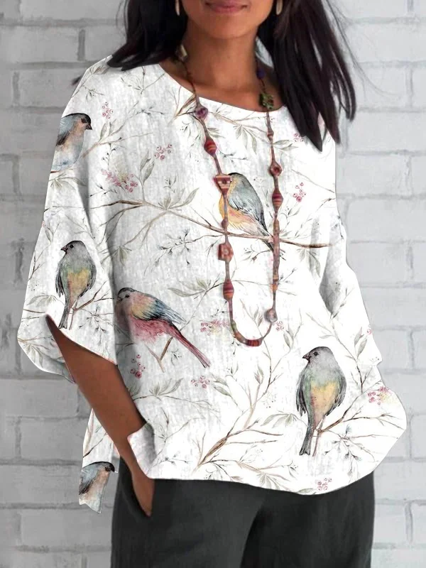 Casual Ink Painting Bird Print Loose Round Neck Mid-sleeve Top