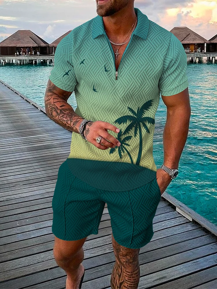 Men's Vacation Leisure Coconut Tree Printed Polo Suit