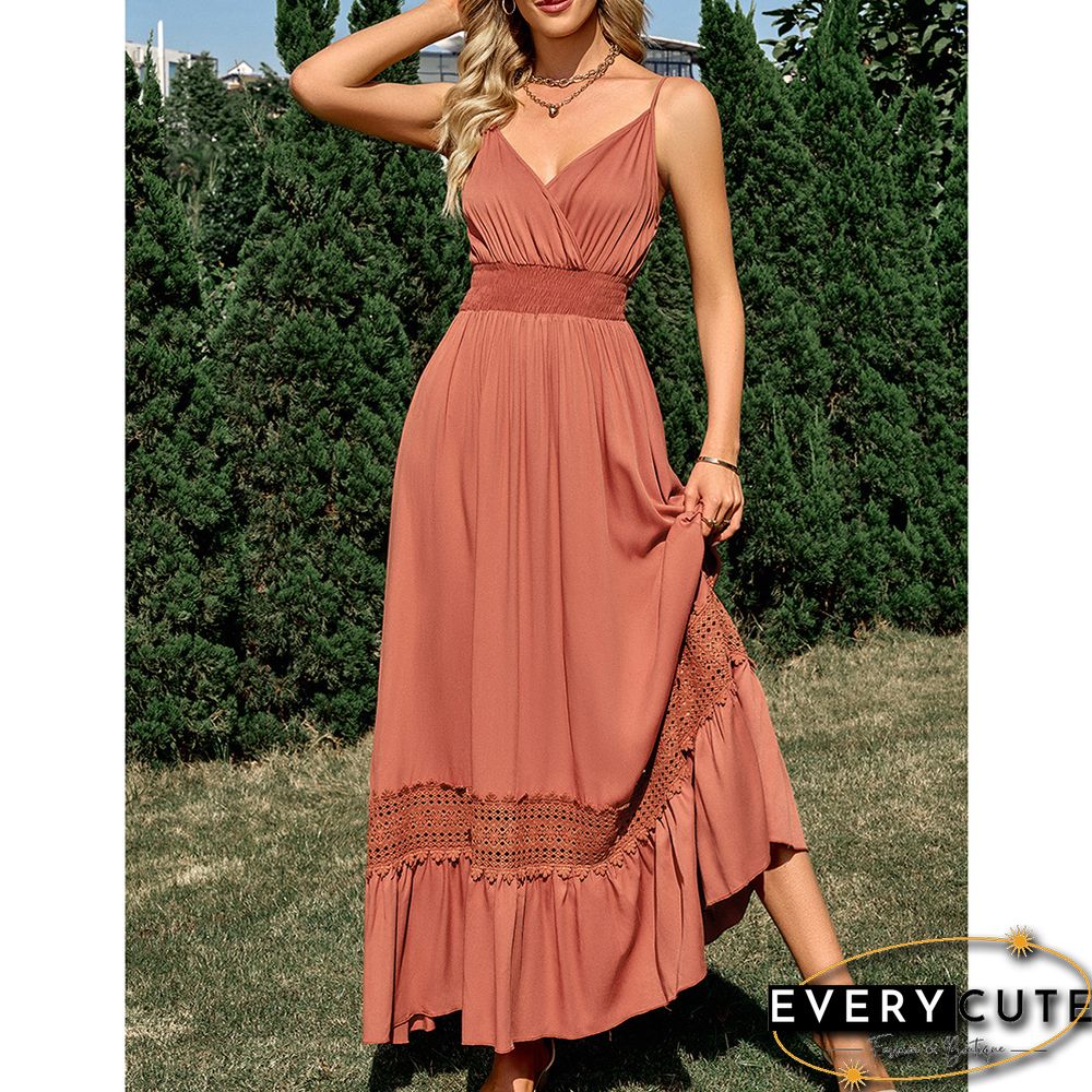 Orange Maxi Dress Slim Fit V Neck Maxi Dress