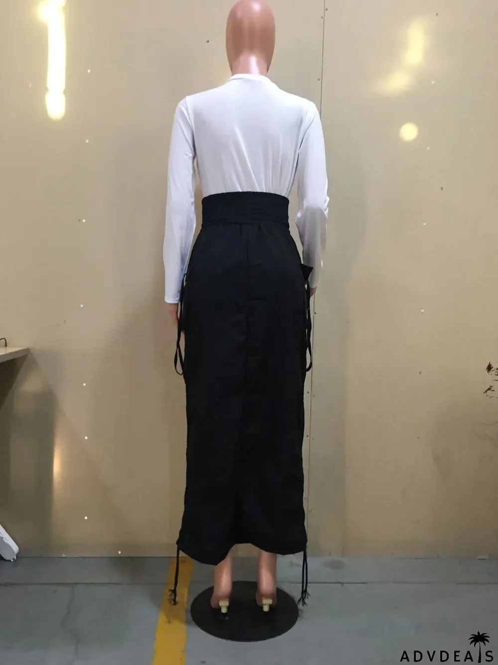 Summer Black High Waist Strings Midi Skirt with Pockets