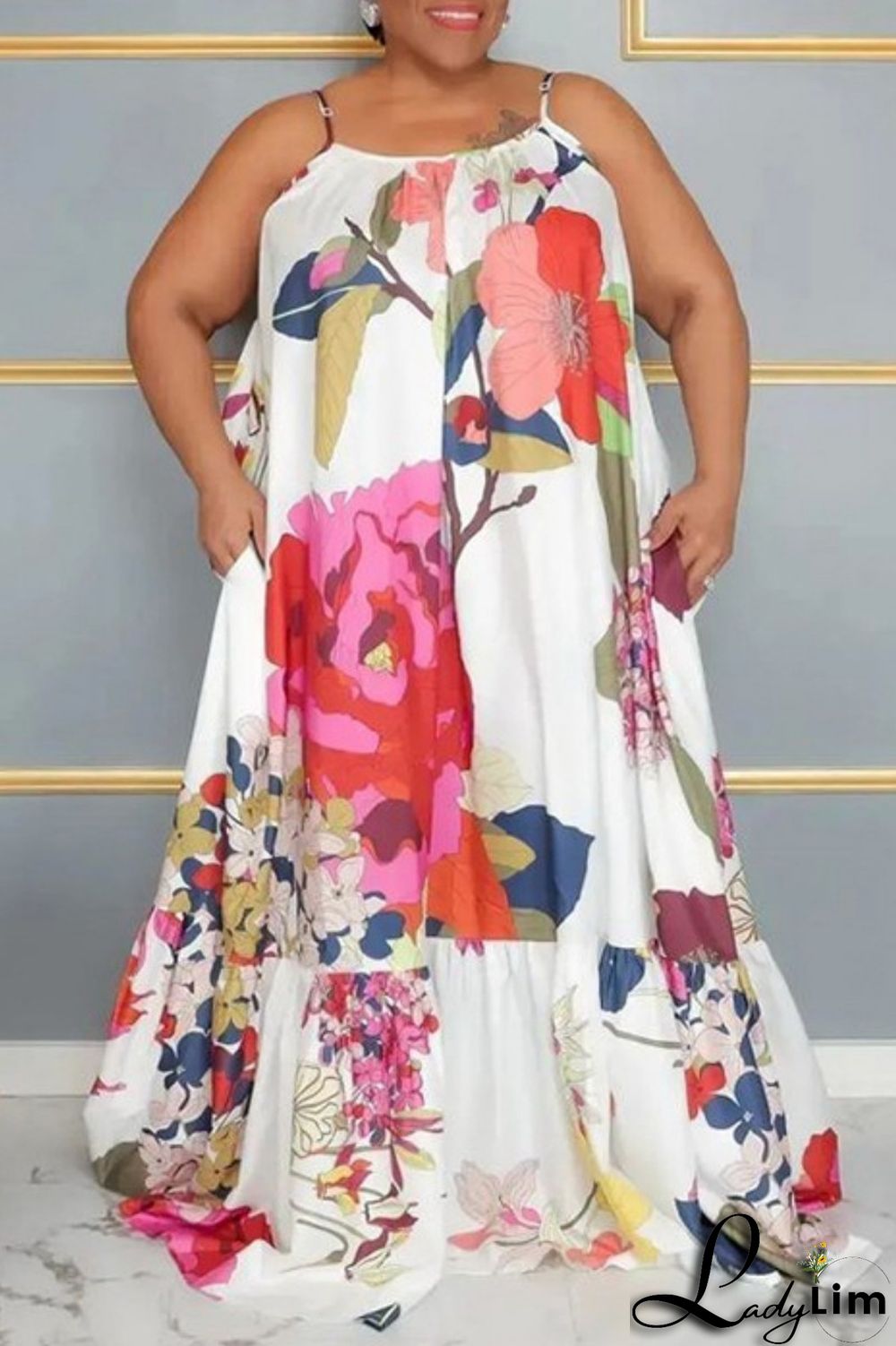 Pink Casual Print Backless Spaghetti Strap Long Dress Plus Size Dresses