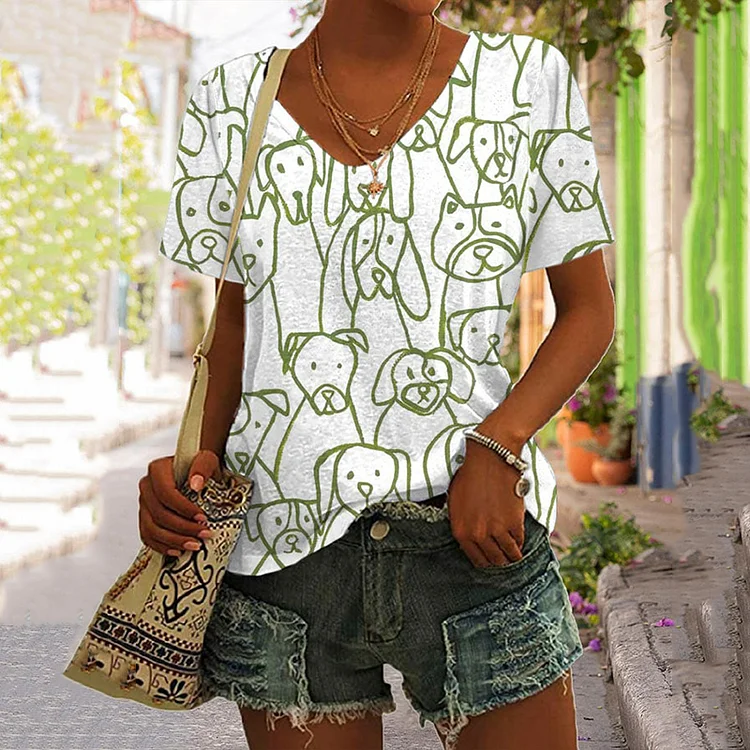 Women's Dogs Print V Neck T-Shirt