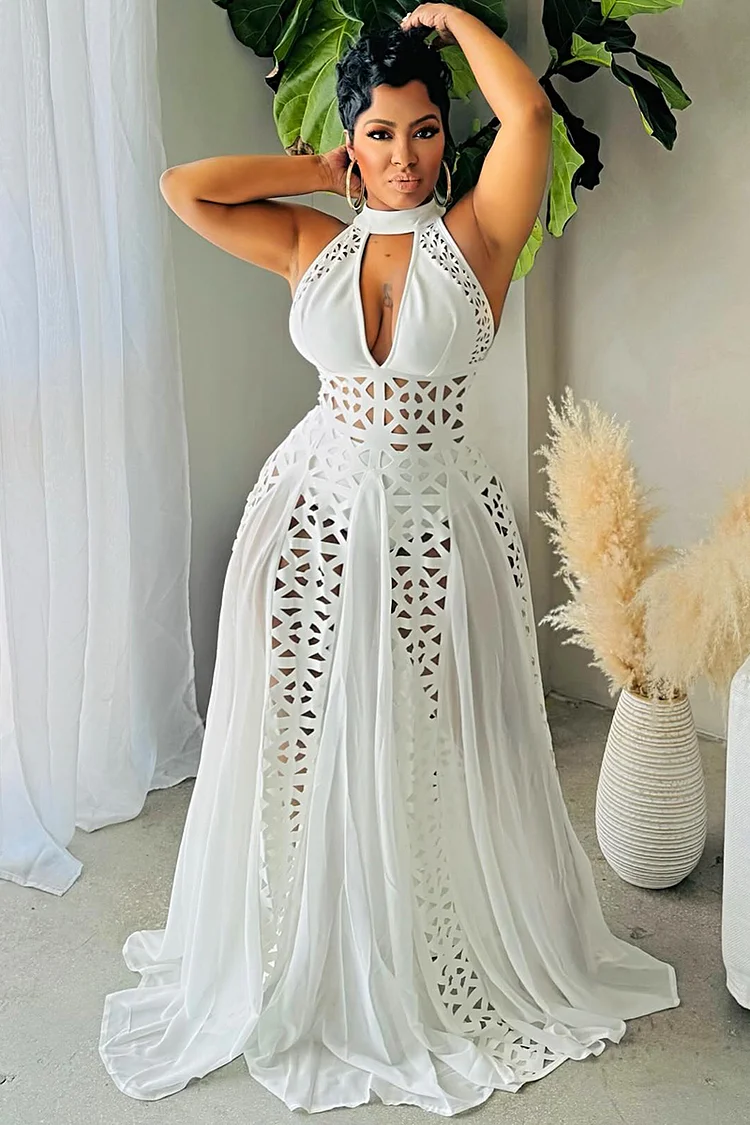 Halter Hollow Out Cinch Waist Evening Gown Maxi Dresses-White [Pre Order]