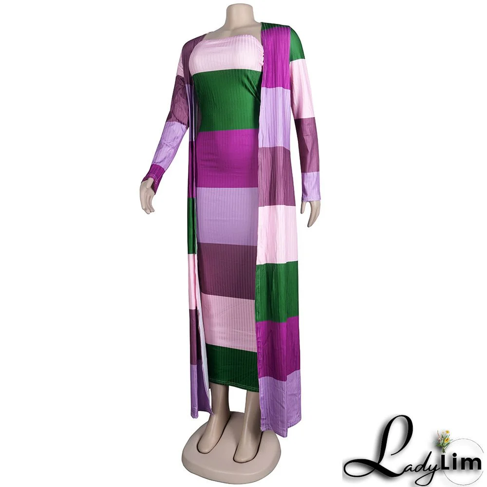 Plus Size Women Ribbed Print Colorblock Dress + Long Coat