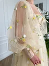 Cream French Chiffon Ball Gown Puff Lantern Sleeve Tulle A Line Prom Dress Yellow Flower Floral Print Embroidery Sweetheart Corset Boho Robe