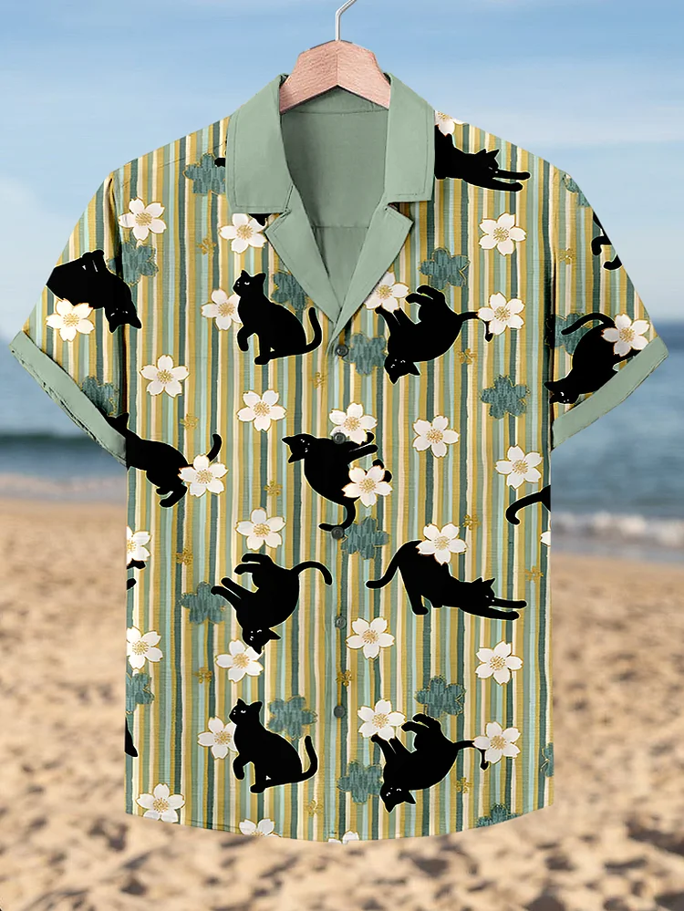 Men's Black Cat Flower Striped Print Short Sleeve Shirt