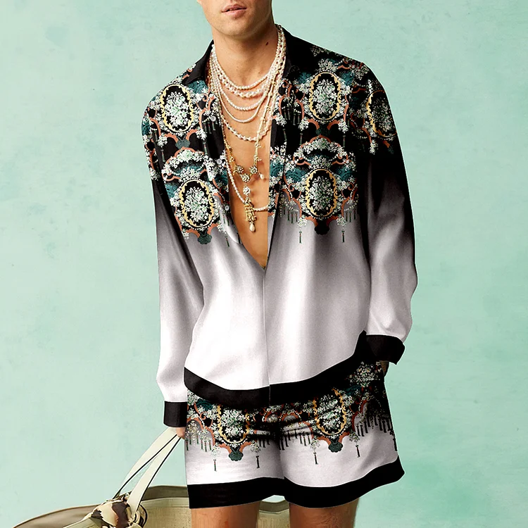 BrosWear Trendy Baroque Gradient Print Shirt And Shorts Co-Ord