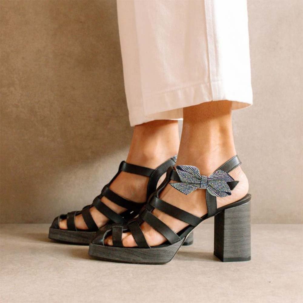 Black Square Close Toe Leather Sandals With Chunky Heel Bow Decor  Nicepairs