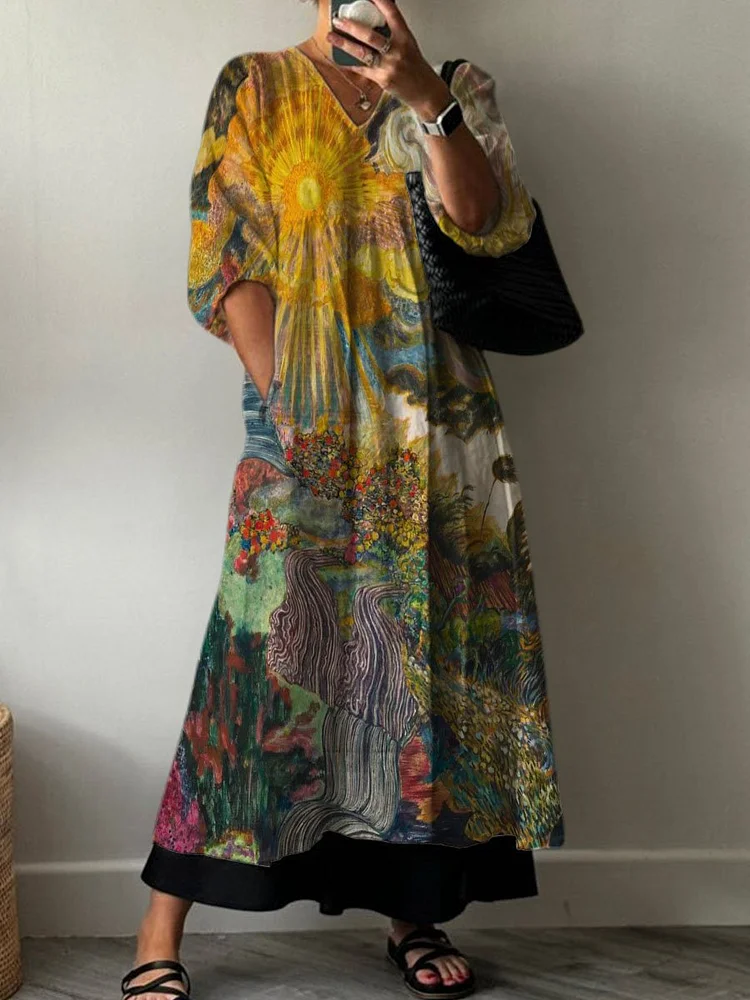 Art Deco Sun Garden Decorative Pattern Pocket V-neck Cotton Dress