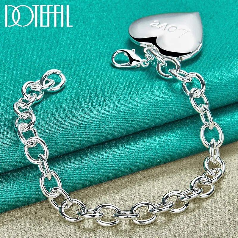 925 Sterling Silver Love Heart Frame Pendant Bracelet Chain For Woman Jewelry
