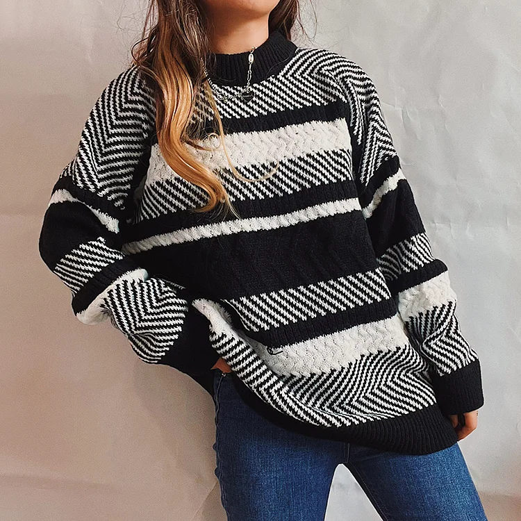 Vefave Irregular Stripe Colorblock Crewneck Long Sleeve Sweater