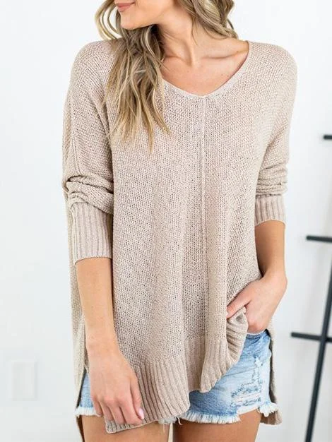 Women's Pure Color Casual V-neck Knitted Long Sleeve Sweater Top