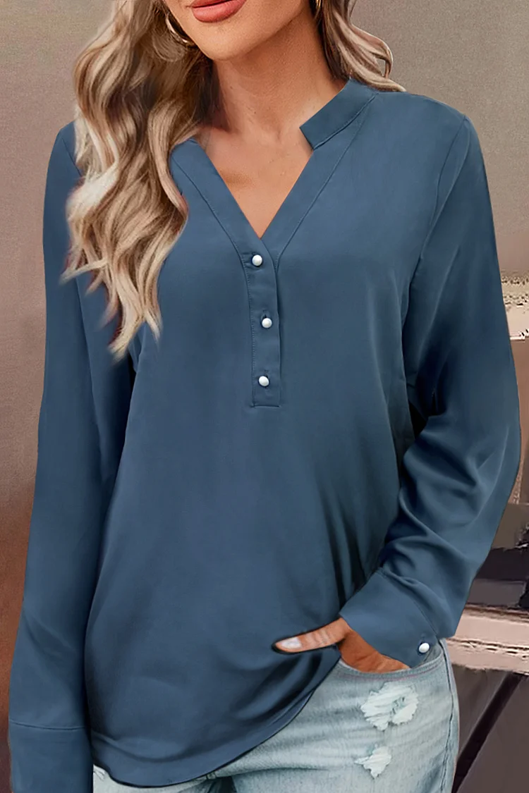 Solid Button Front V Neck Blouse