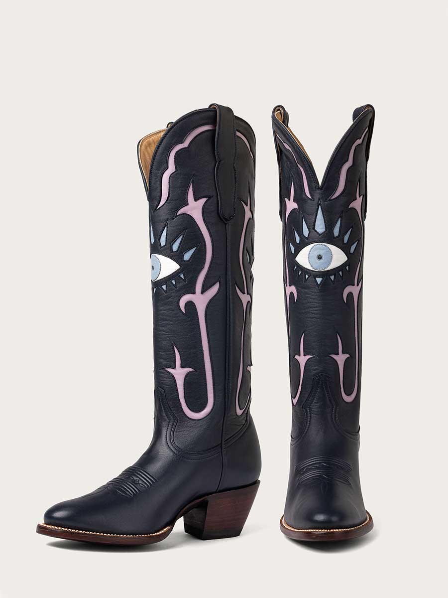 Navy Eyes Pattern Inlay Block Heel Knee High Cowboy Boots for Women