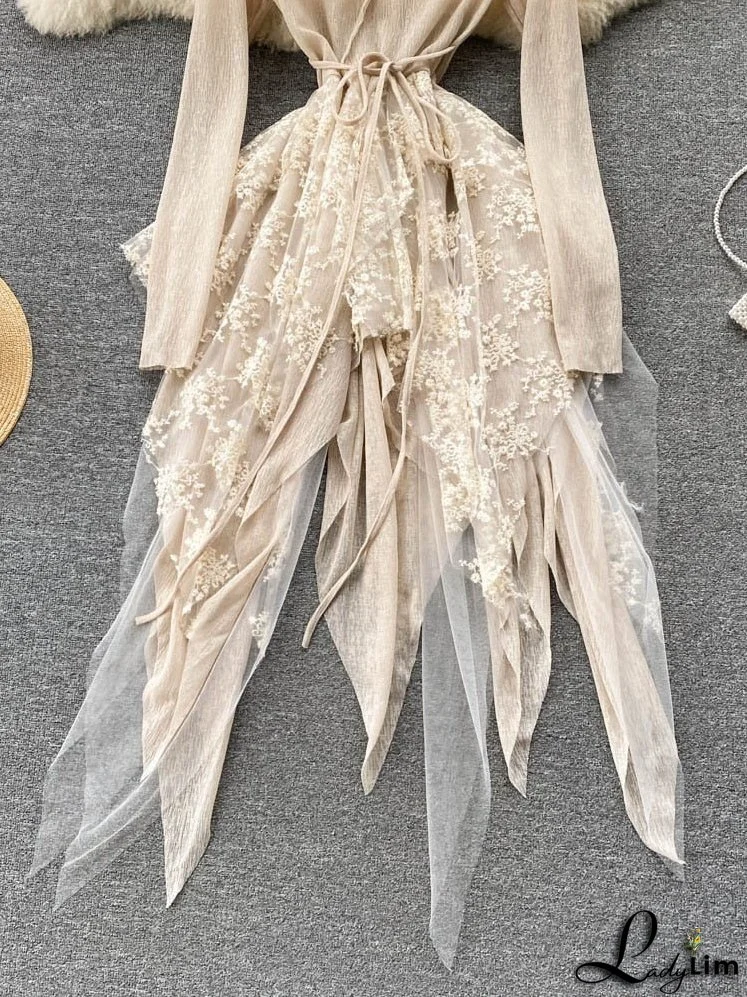 Women Party Warm-Season Waist Closing Up Autumn Temperament Lace Gown Tide New O-neck Elegant Vestidos Irregular 2024