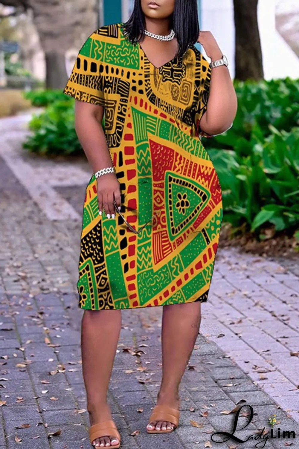 Purple Yellow Casual Print Split Joint V Neck Straight Dresses