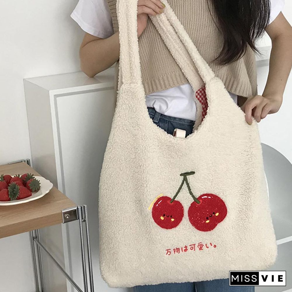 Sweet Cherry Embroidery Plush Tote Bag