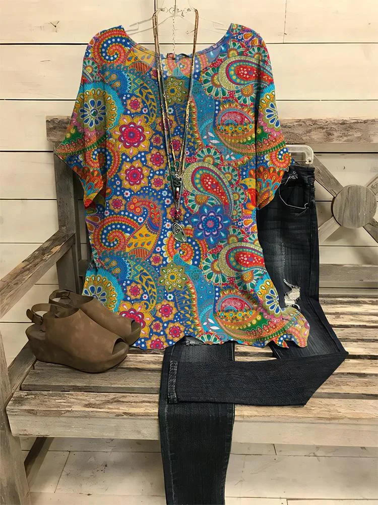 Women's Flowers Print Half-sleeve Round Neck T-shirt