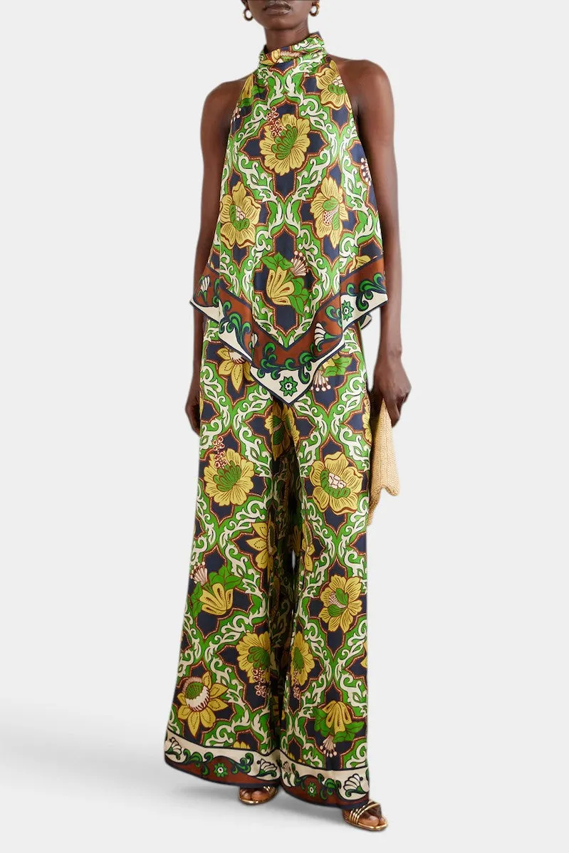 Backless Halter Dress with Floral Palazzo Silhouette