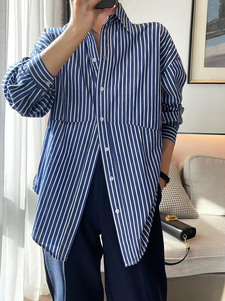 Aiertu Blue Striped Shirts for Women Spring Korean Loose Button Up Turn Down Collar Long Sleeve Tops Casual Blouses Aiertu