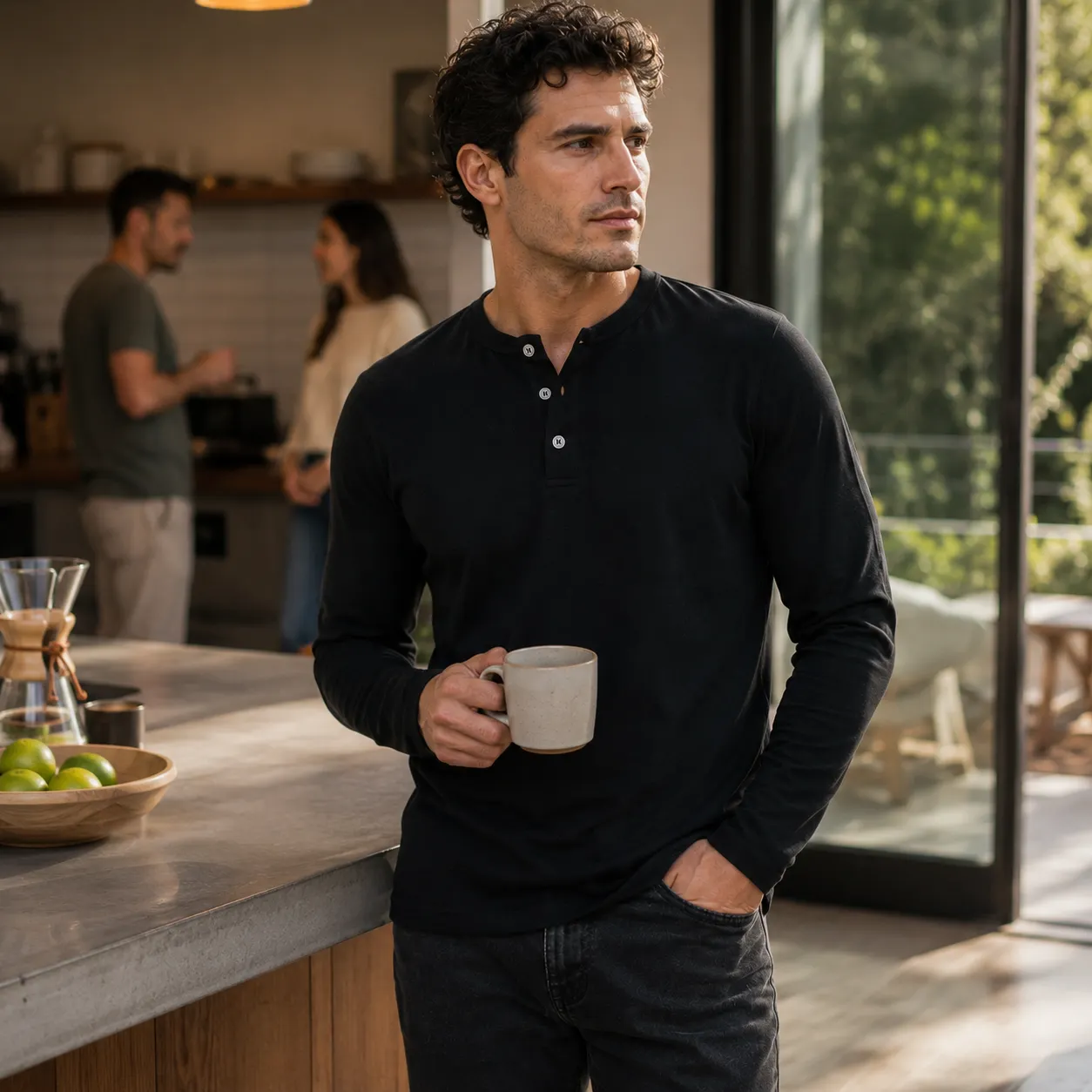 Close-up of the three-button Henley neckline