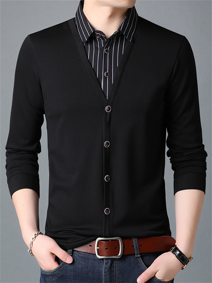 Men's Colorblocking Lapel Pullover Shirt Collar False Two T-shirt Striped Men's Long-sleeved Slim Bottoming T-shirt