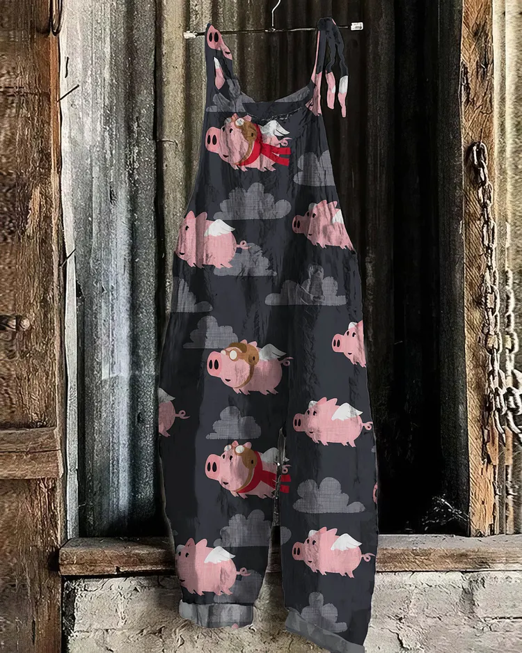 Flying Pig Pattern Casual Jumpsuit