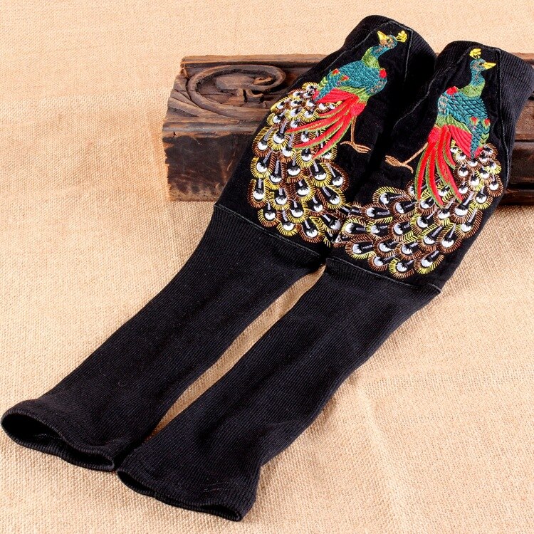 Retro Ethnic Sleeve Knitted  Fingerless Gloves Peacock Embroidery Gloves
