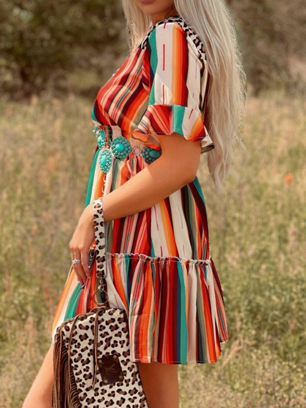 Colorful Striped Pleated Skirt Short Sleeve Dress