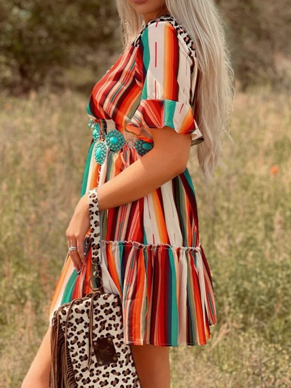 Colorful Striped Pleated Skirt Short Sleeve Dress