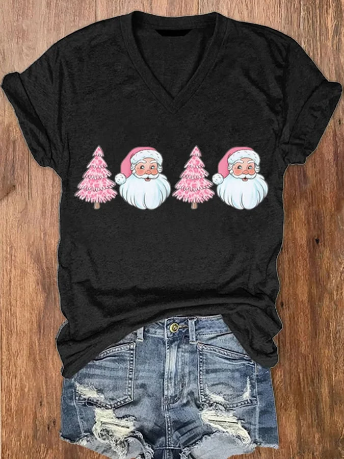 Women's Santa Christmas Christmas TreePrint V-Neck Short Sleeve T-Shirt