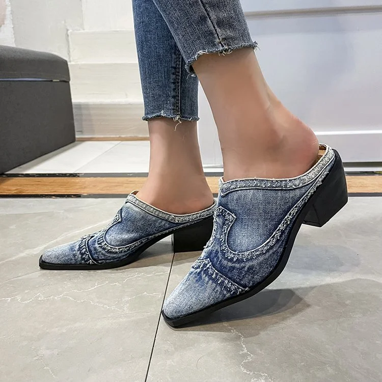 Qengg Style Women Pointed Toe Sandals Luxury Outdoor Half Slippers Slip on Mules Femme Shoes Ladies Denim Chunky Heeled Slides