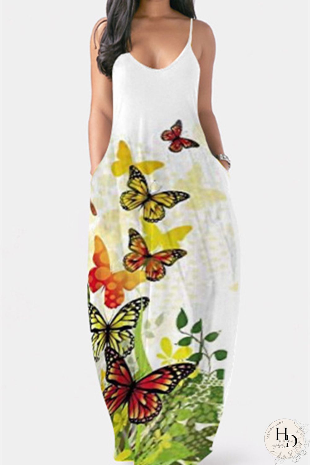 Green Sexy Casual Butterfly Print Backless Spaghetti Strap Sleeveless Dress