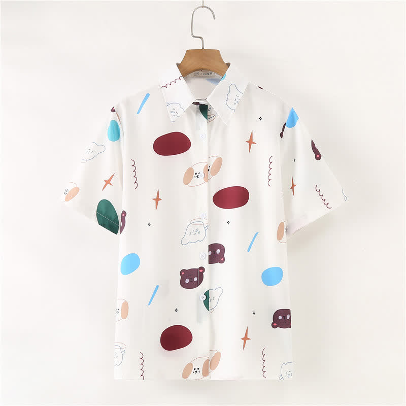 Cartoon Bear Print Lapel Casual T-Shirt