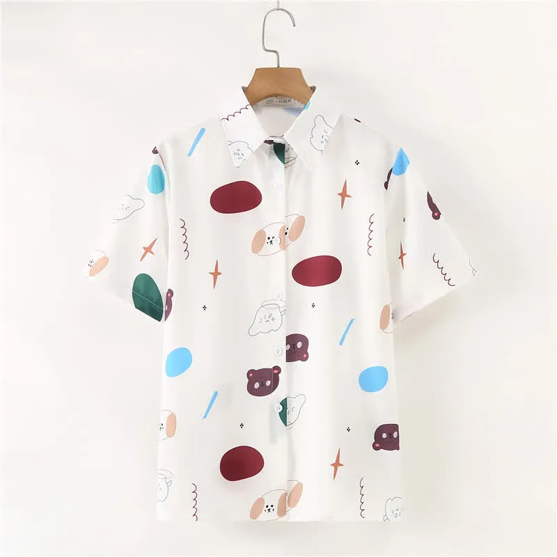 Cartoon Bear Print Lapel Casual T-Shirt