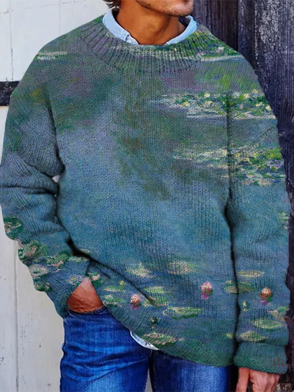 Men's Water Lilies by Claude Monet Oil Painting Print Knit Sweatshirt