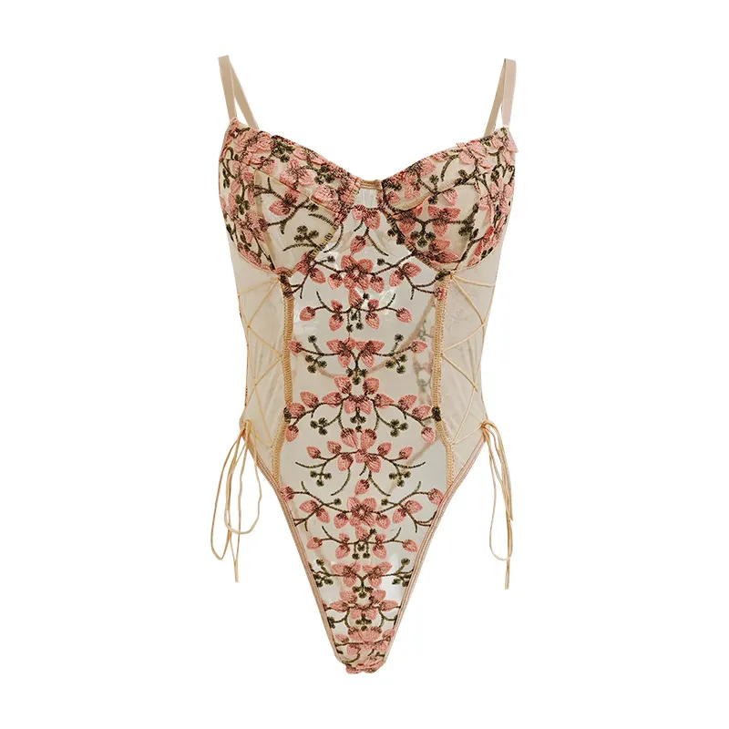 Churchf Churchf New Hot Style Mesh Embroidery Sexy Lace Transparent Back Drawn Rope Slim Waist Jumpsuit Woman