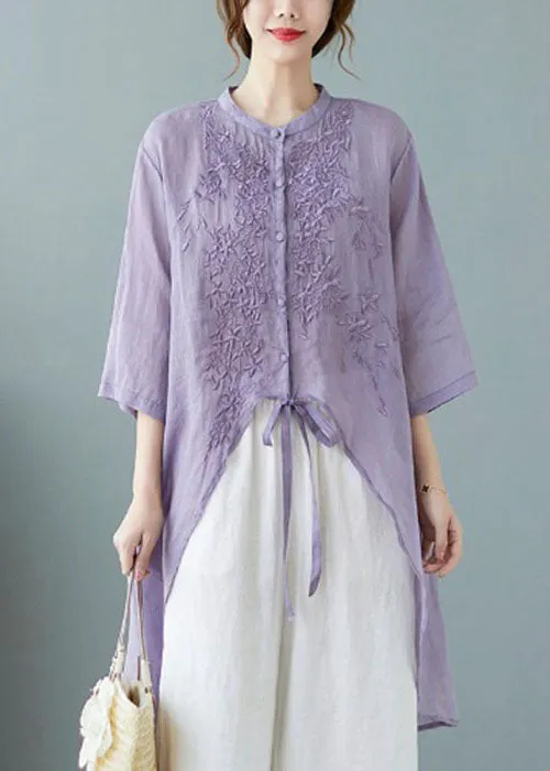 Orange polka dots Button Pockets Linen Tops Half Sleeve