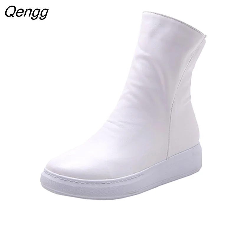 Qengg Spring Autumn Platform Boots Women Ankle Boots Casual Flat Short Boots Casual Shoes Sneakers Black White Red